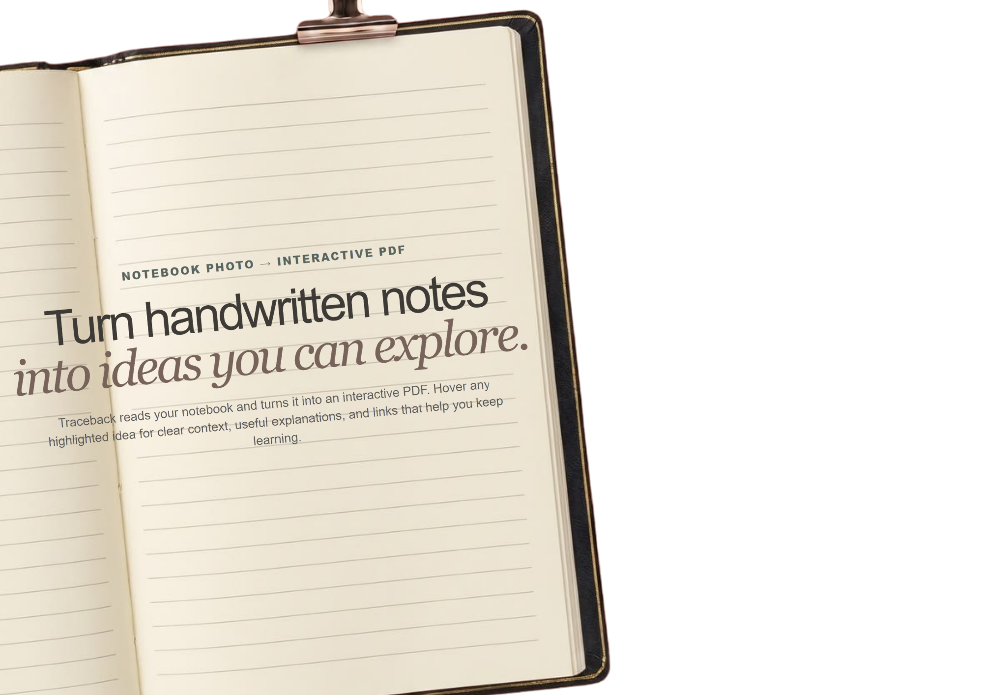 Open ruled notebook showing the Traceback interactive-notes message